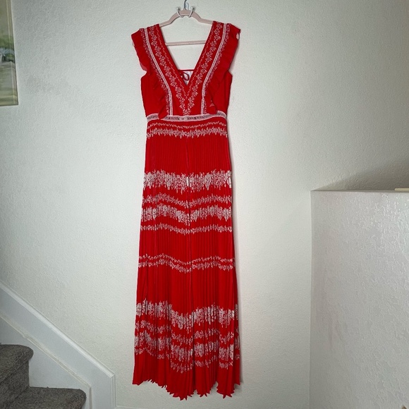 Self- Portrait Flower Spell Maxi Ruffle Pleated Dress Size US6 Red V Neck - Picture 1 of 15